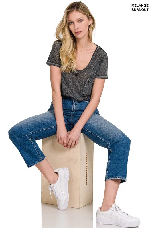 FS Clearance Washed Melange Burnout Scoop V-Neck Top