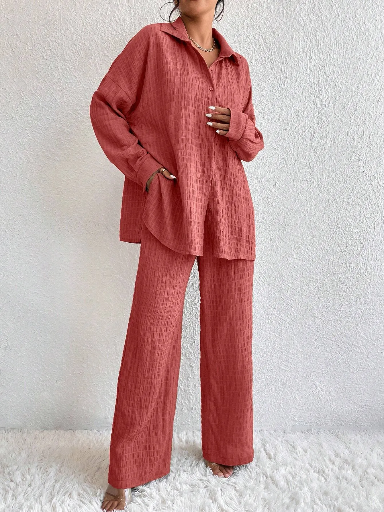Solid Color Texture Button-Down Shirt And Straight Pants SS24