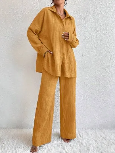 Solid Color Texture Button-Down Shirt And Straight Pants SS24