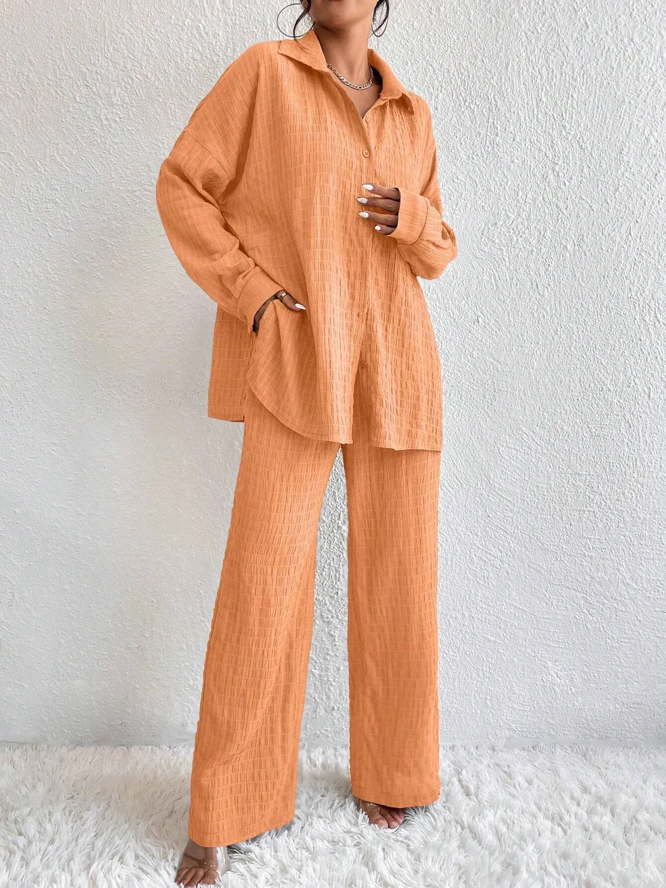 Solid Color Texture Button-Down Shirt And Straight Pants SS24