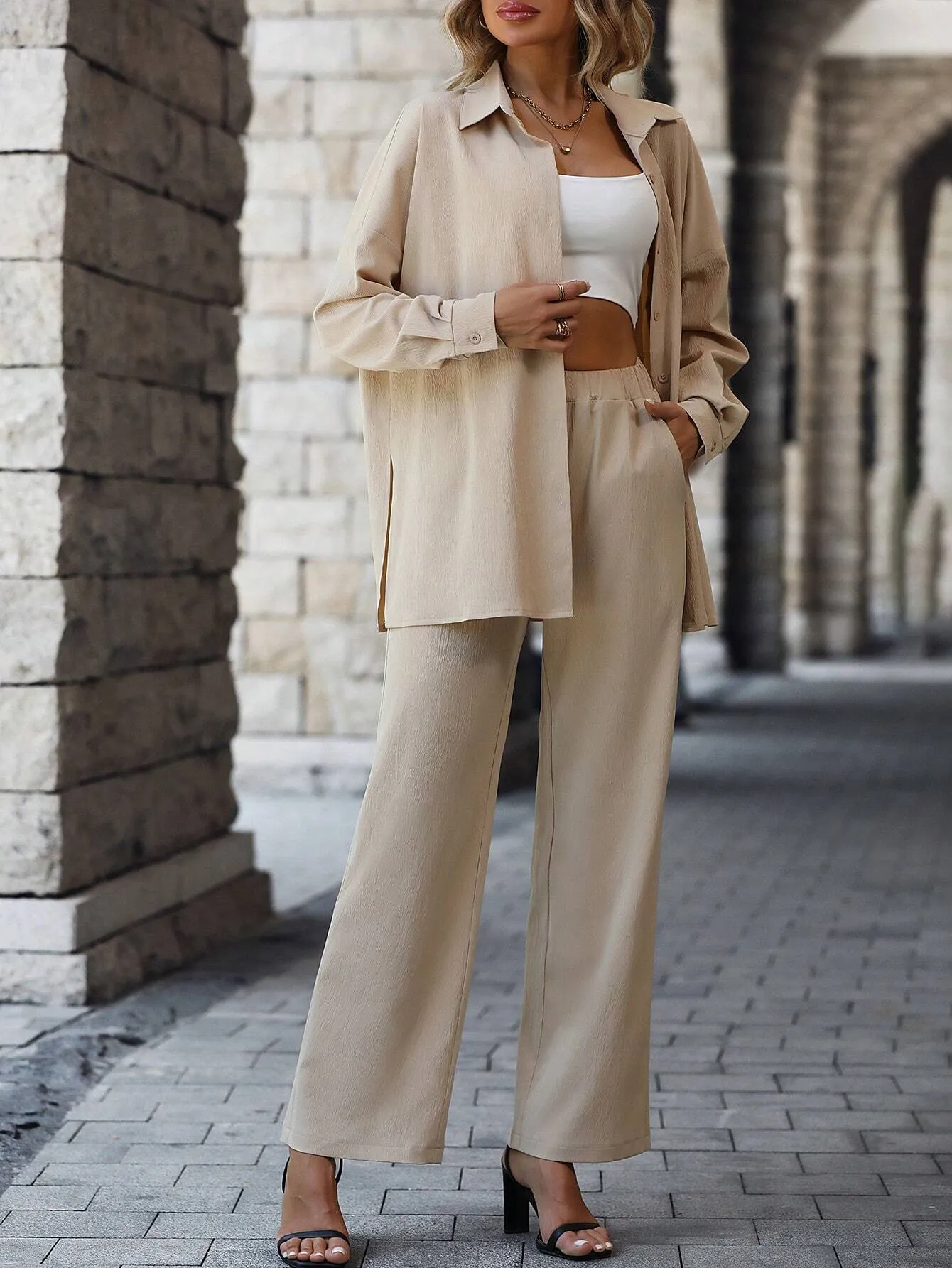 Solid Color Texture Button-Down Shirt And Straight Pants SS24