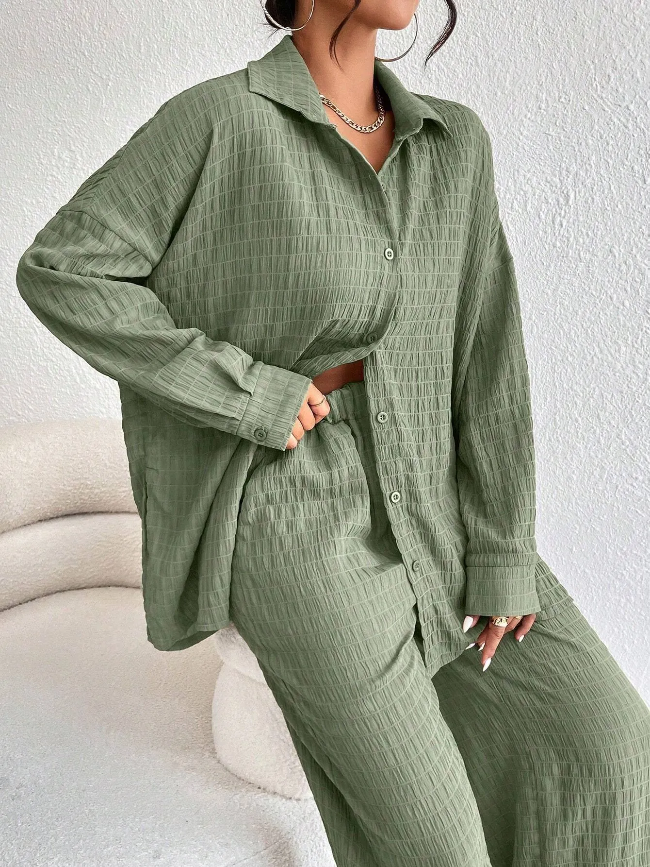 Solid Color Texture Button-Down Shirt And Straight Pants SS24
