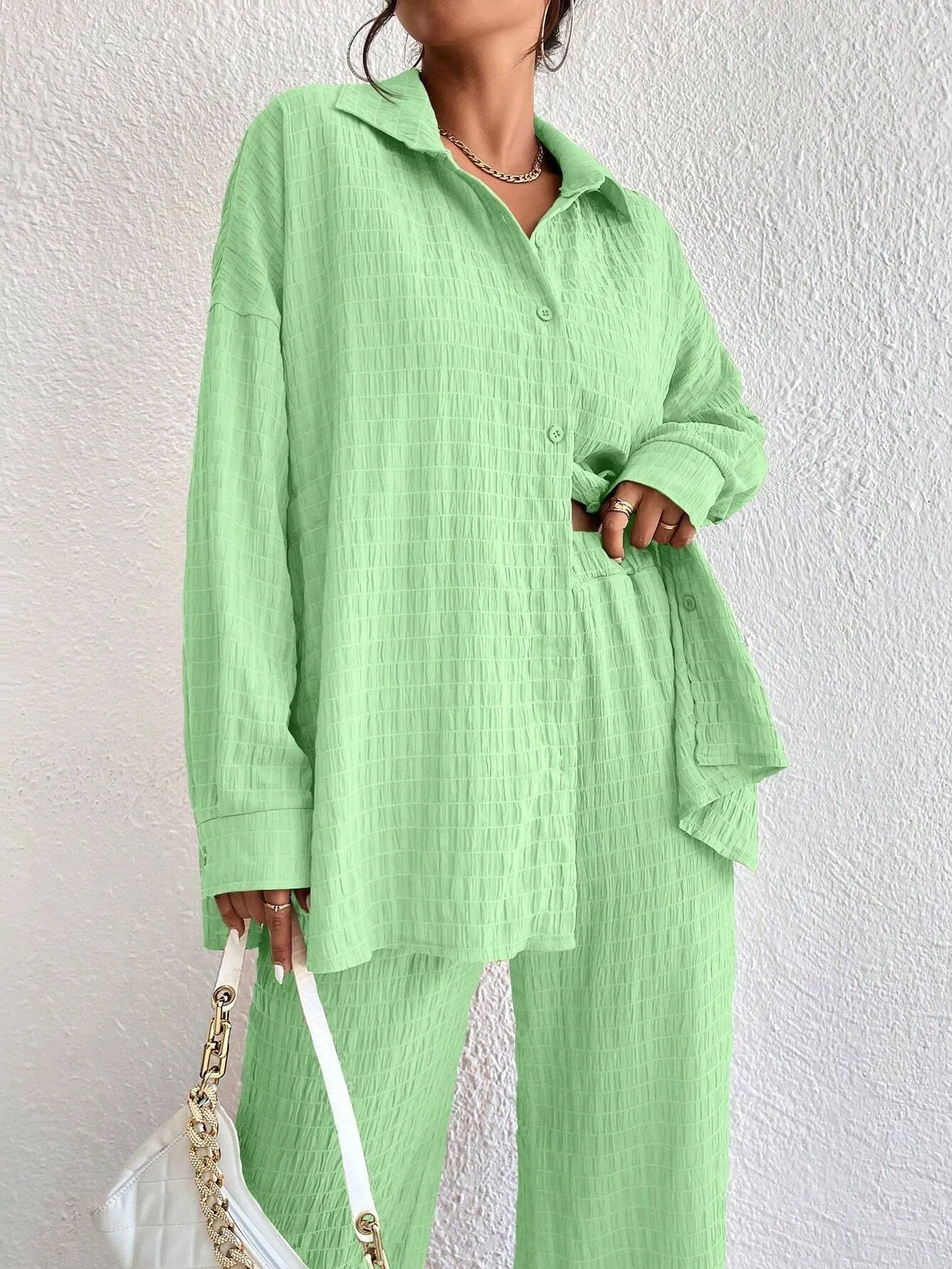 Solid Color Texture Button-Down Shirt And Straight Pants SS24