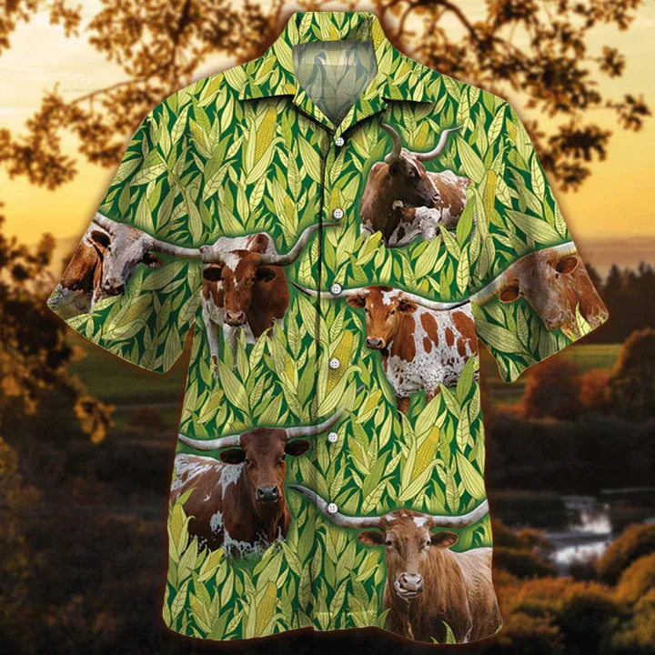 Tx Longhorn Cattle Lovers Corn Pattern Hawaiian Shirt, Cow lovers Short Sleeve Hawaiian Aloha Shirt